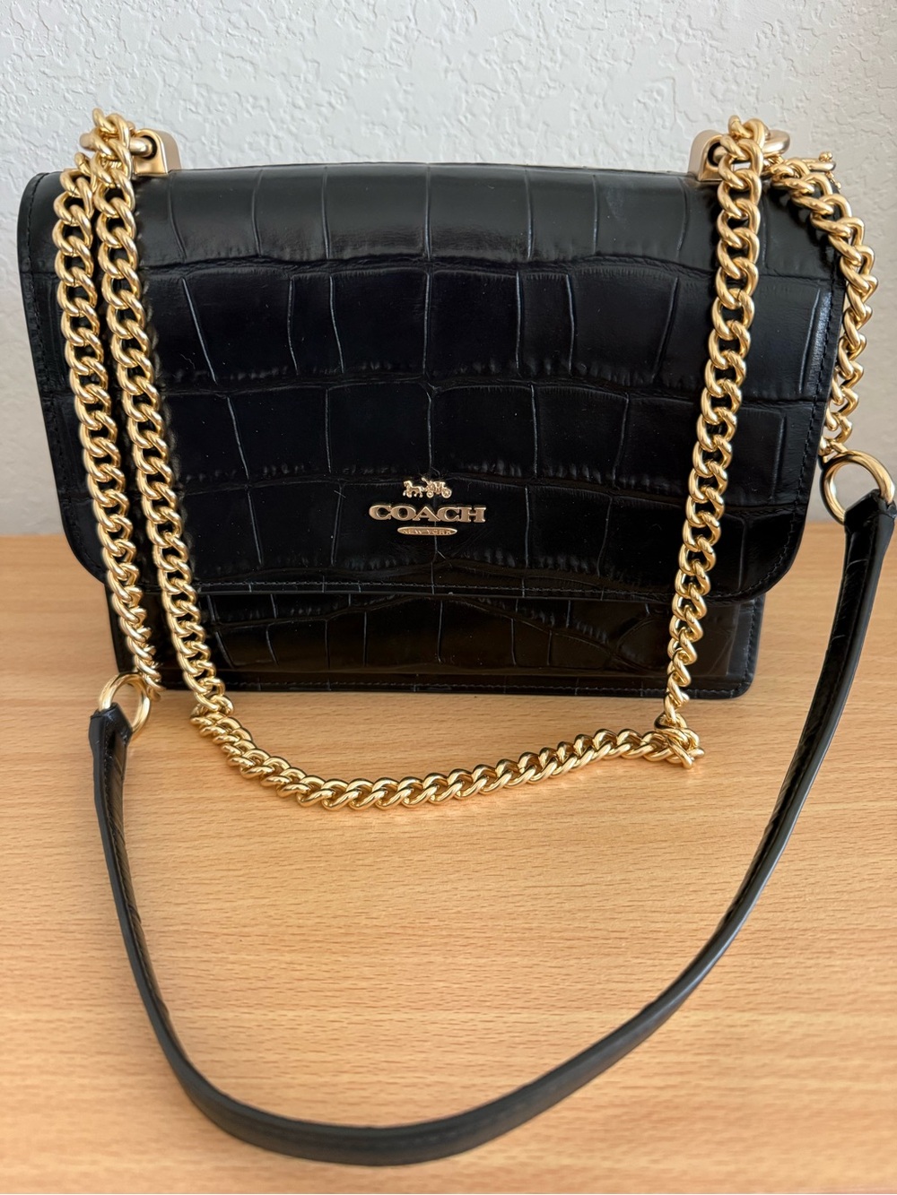 COACH Klare Black Croc-Embossed Leather Shoulder Bag with Gold Chain - Picture 4 of 6